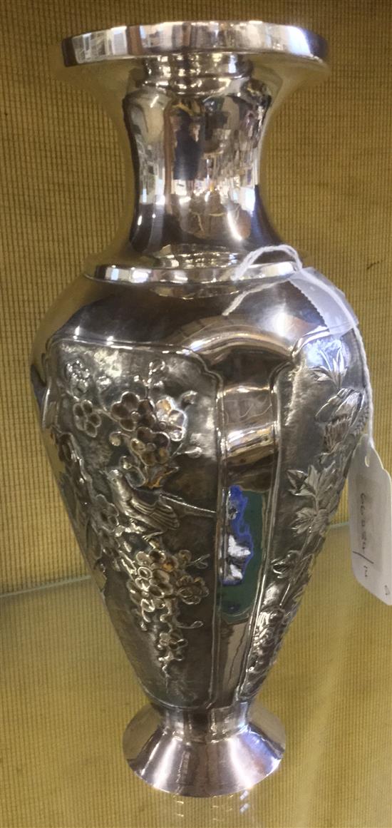 Japanese white metal baluster vase, embossed with birds, prunus & chrysanthemum (a.f)